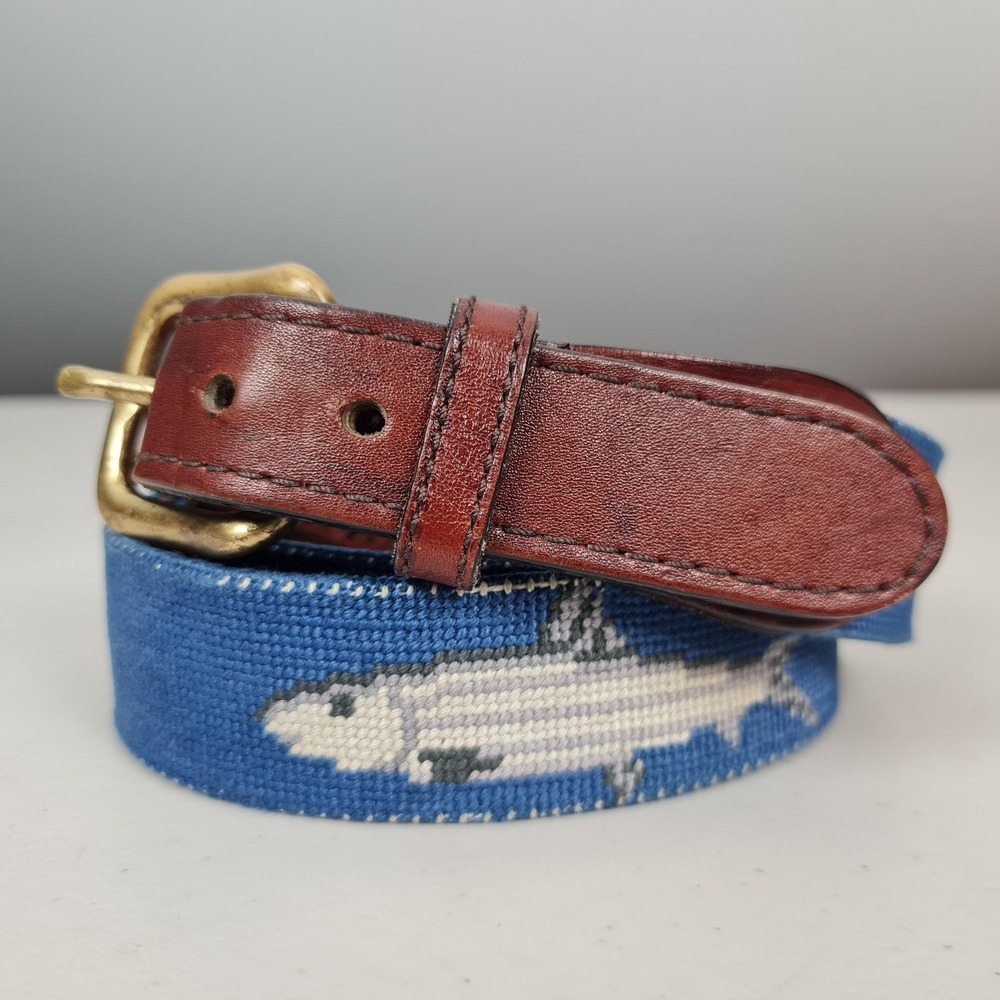 Smathers & Branson Belt Mens 38 Blue Needlepoint Fish Leather Brass Buckle USA
